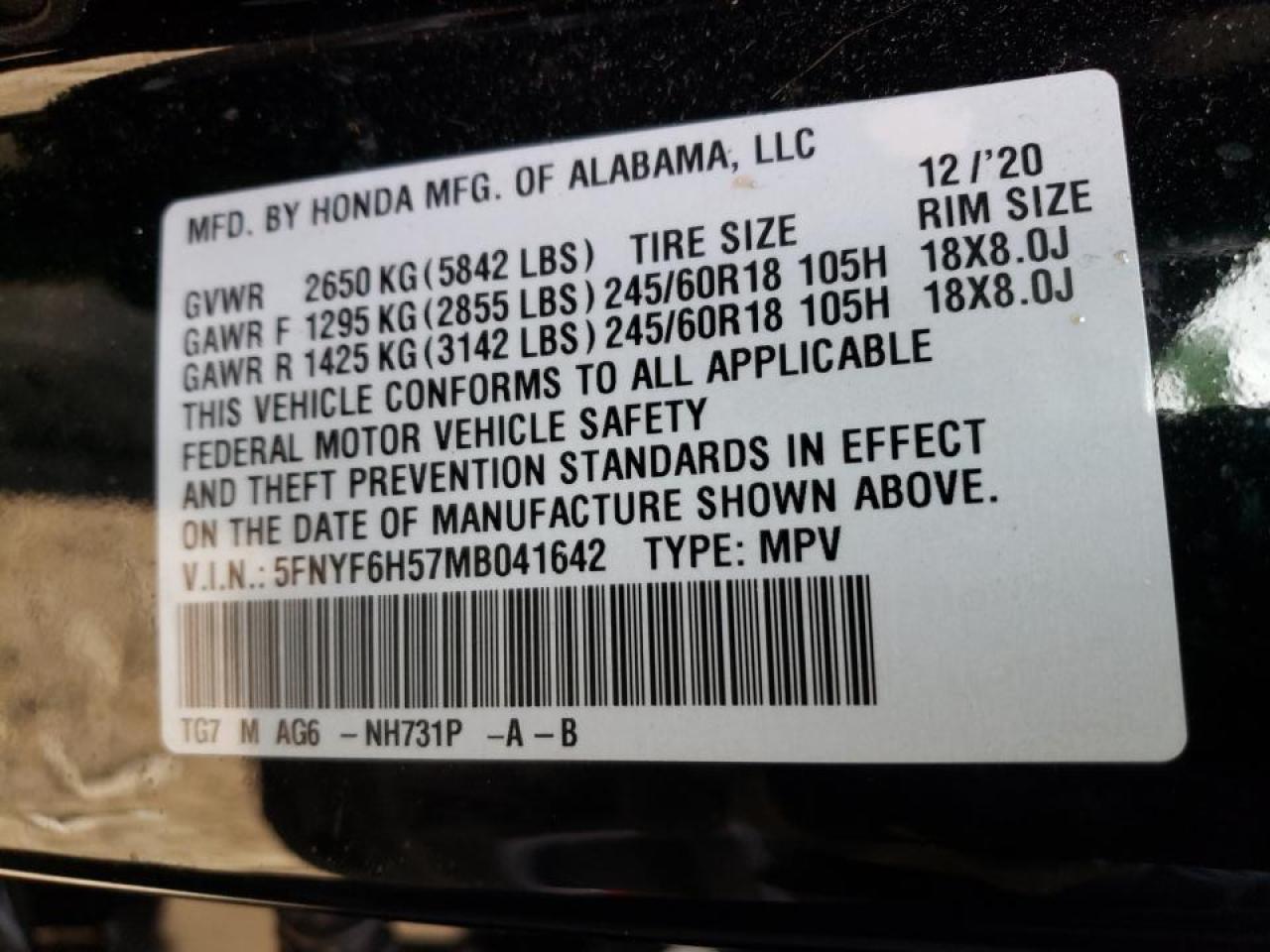 Photo 10 from auction – 2021 HONDA PILOT EXL with VIN 5FNYF6H57MB041642
