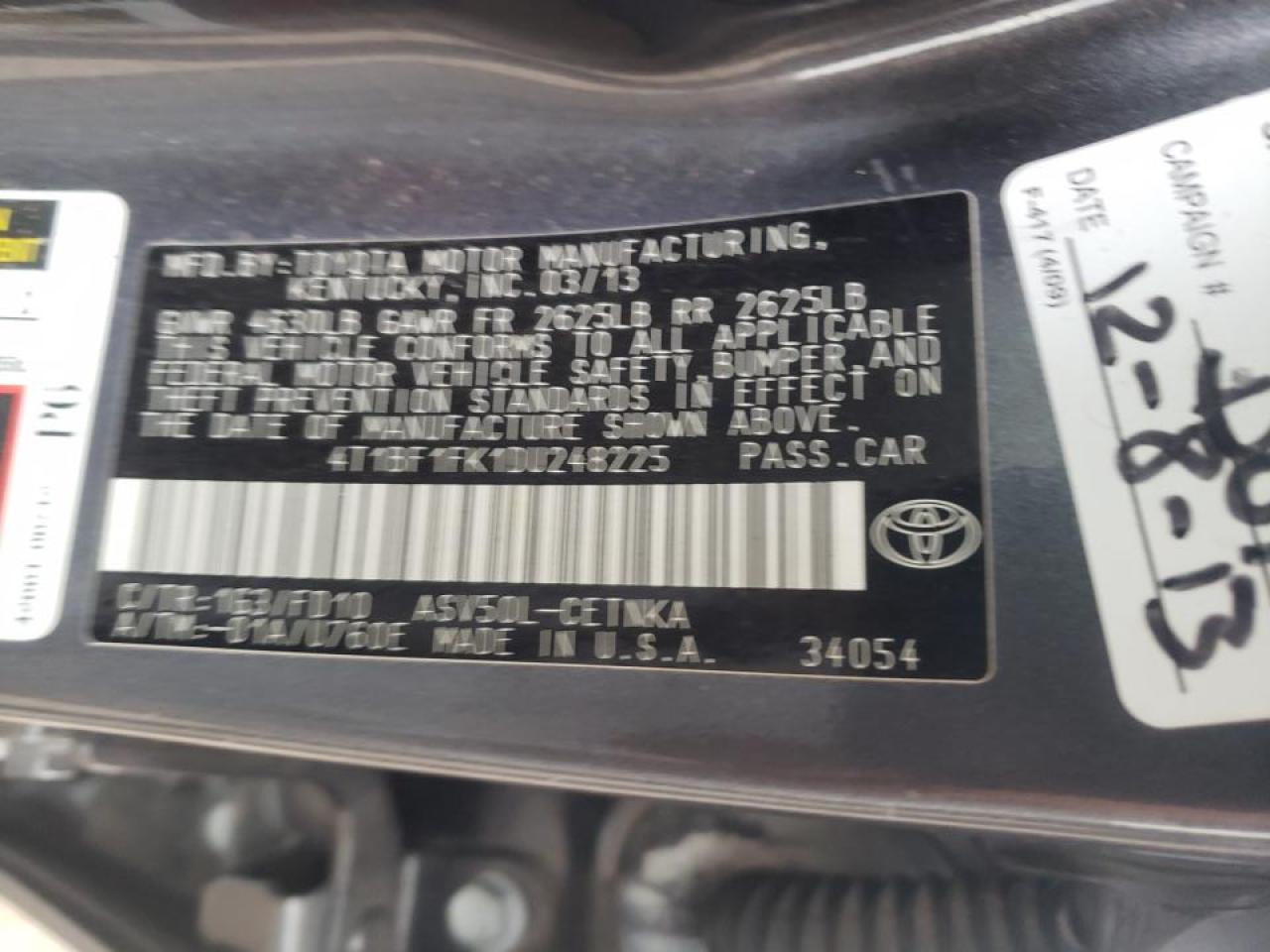 Photo 10 from auction – 2013 TOYOTA CAMRY L with VIN 4T1BF1FK1DU248225