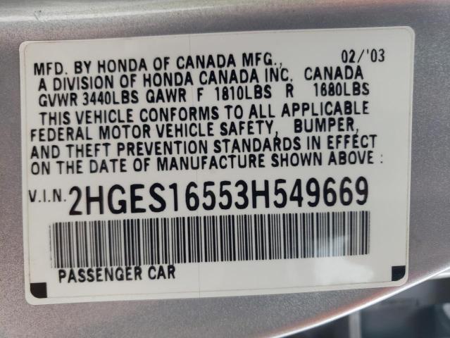 Photo 10 from auction – 2003 HONDA CIVIC LX with VIN 2HGES16553H549669