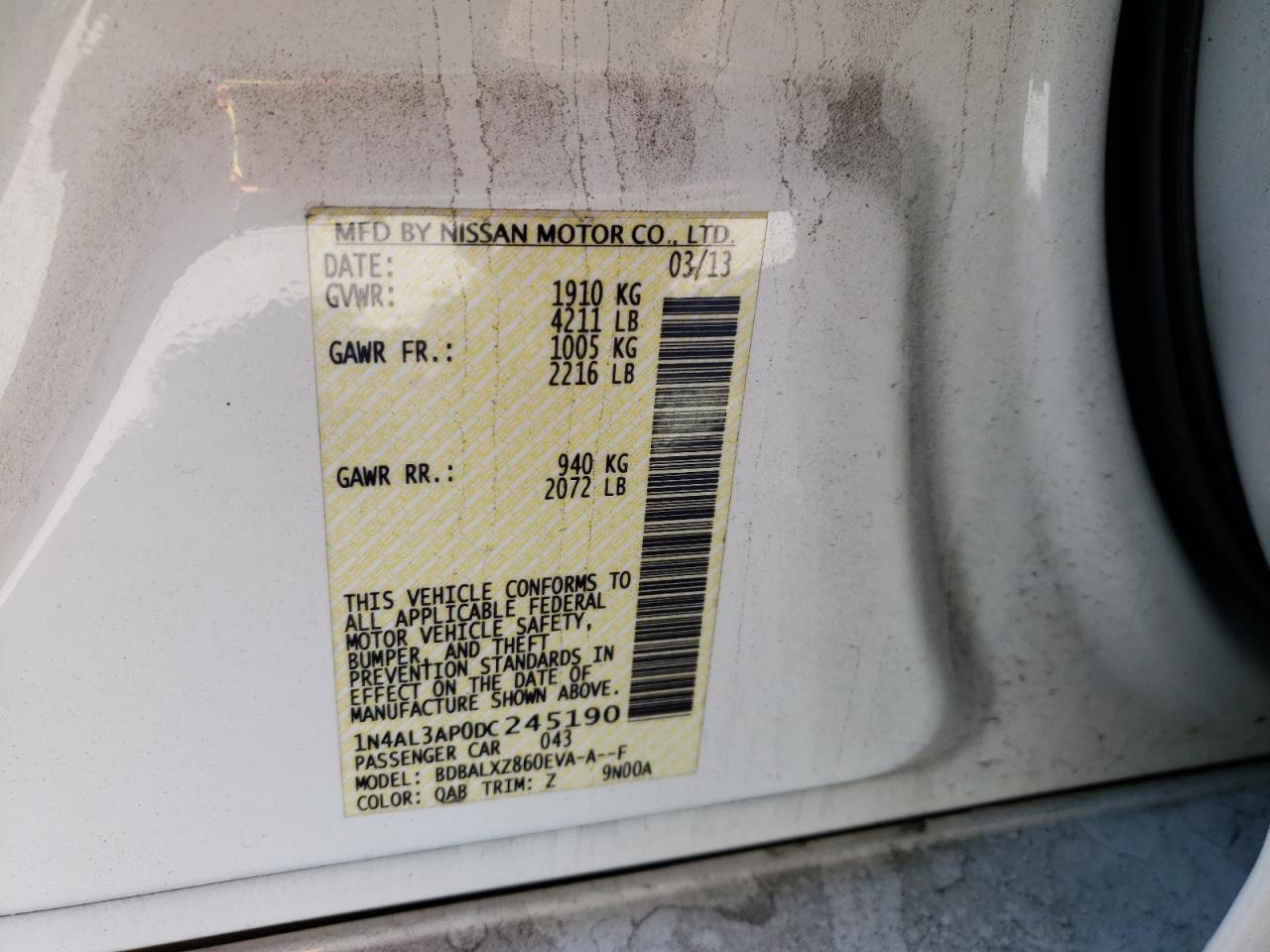 Photo 10 from auction – 2013 NISSAN ALTIMA 2.5 with VIN 1N4AL3AP0DC245190