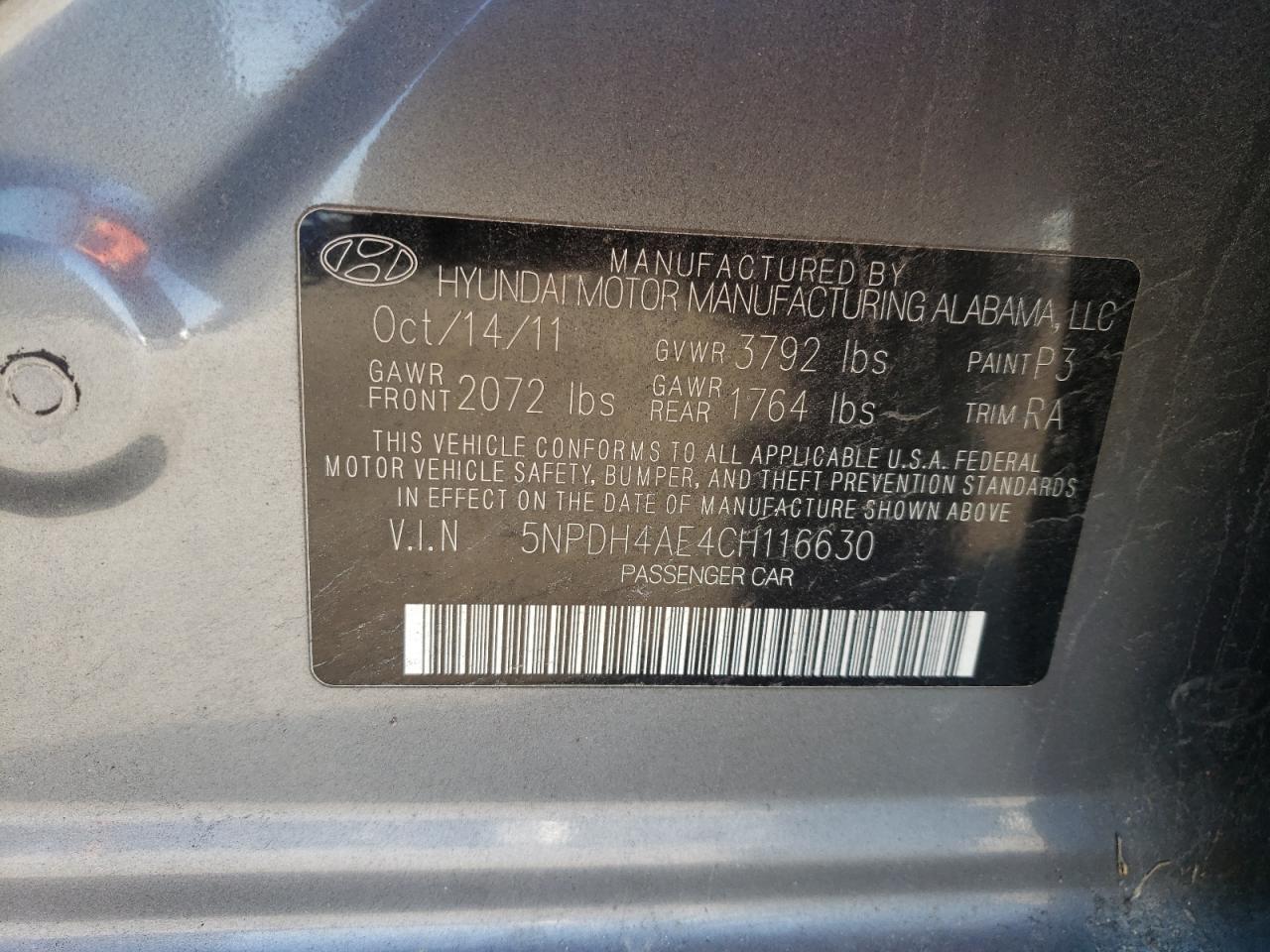 Photo 10 from auction – 2012 HYUNDAI ELANTRA GL with VIN 5NPDH4AE4CH116630