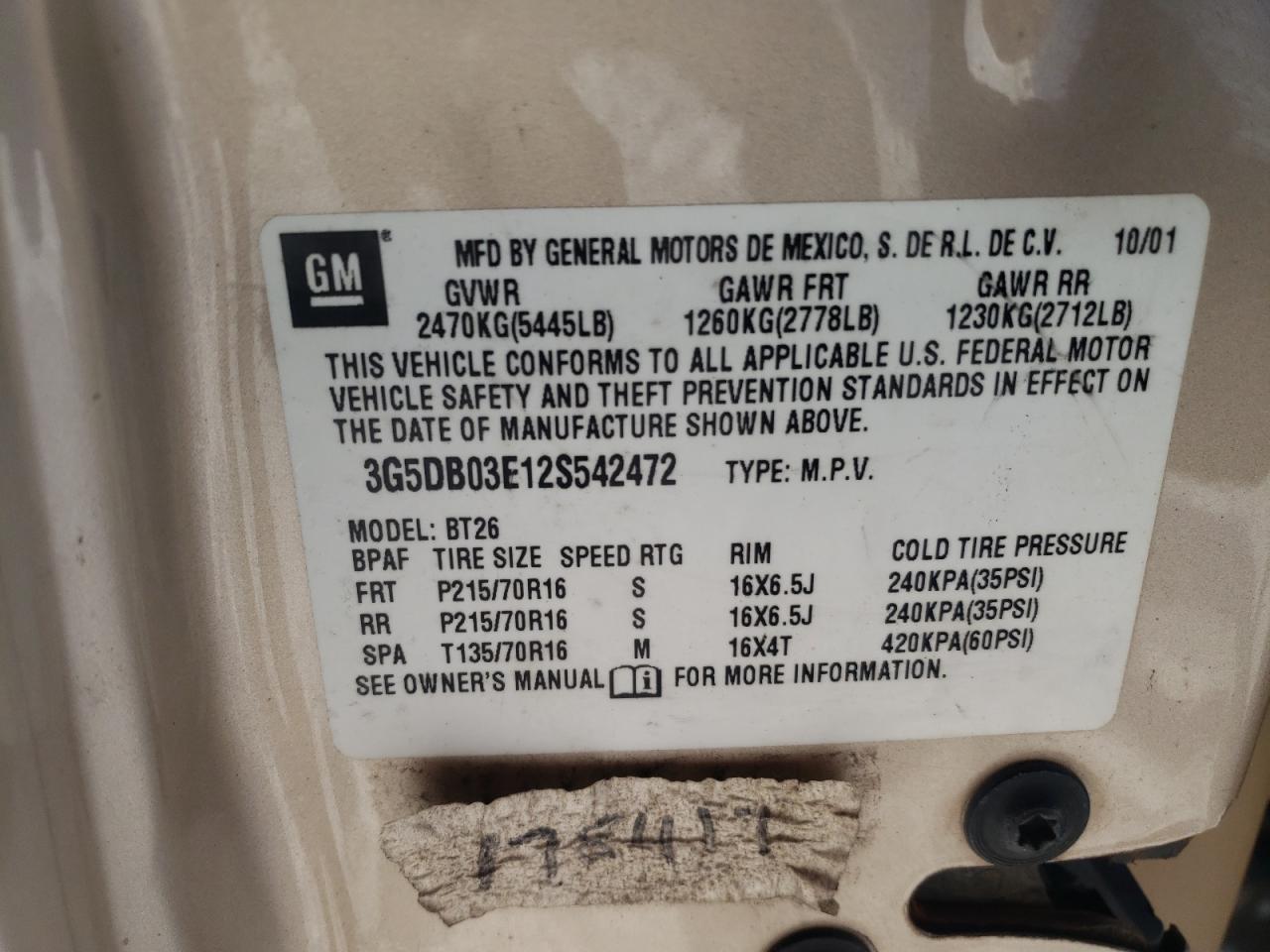 Photo 10 from auction – 2002 BUICK RENDEZVOUS with VIN 3G5DB03E12S542472