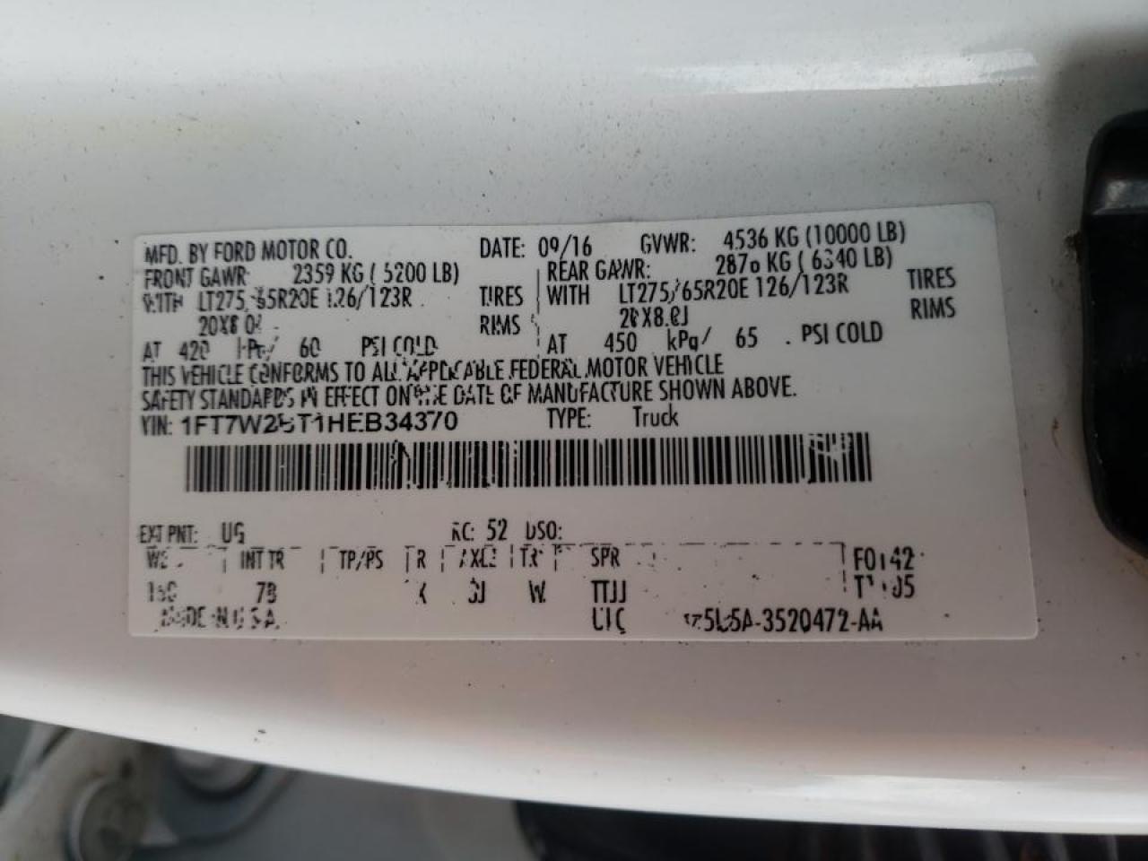Photo 10 from auction – 2017 FORD F250 SUPER with VIN 1FT7W2BT1HEB34370