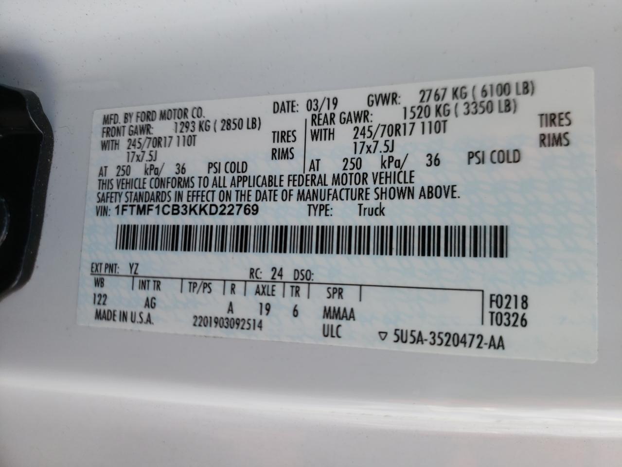 Photo 10 from auction – 2019 FORD F150 with VIN 1FTMF1CB3KKD22769