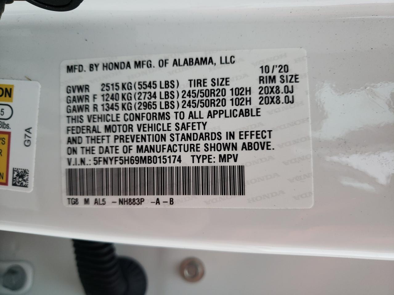 Photo 10 from auction – 2021 HONDA PILOT TOUR with VIN 5FNYF5H69MB015174