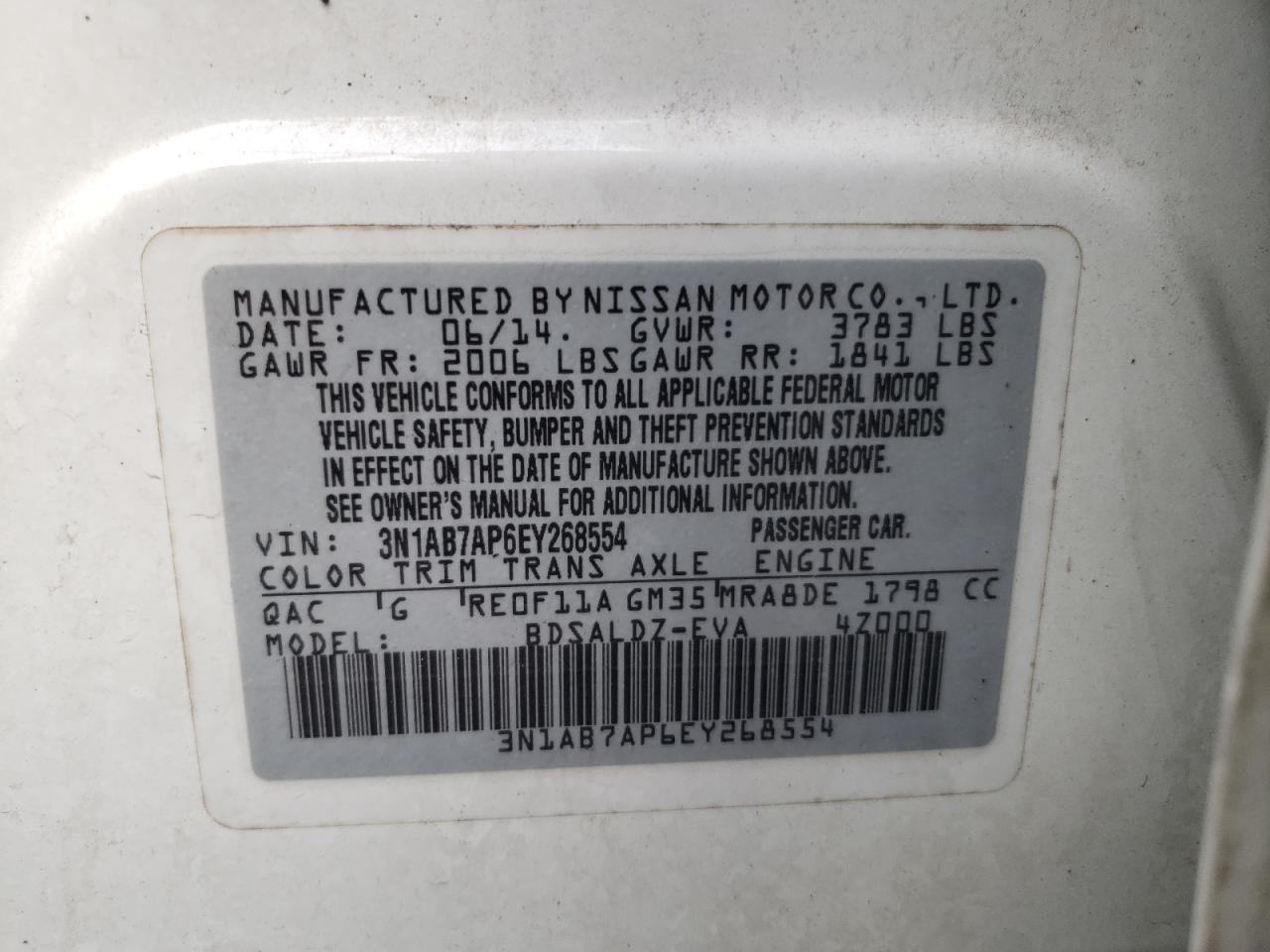 Photo 10 from auction – 2014 NISSAN SENTRA S with VIN 3N1AB7AP6EY268554