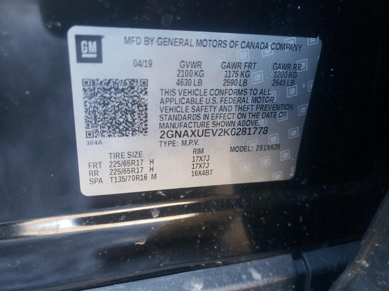 Photo 10 from auction – 2019 CHEVROLET EQUINOX LT with VIN 2GNAXUEV2K6281778