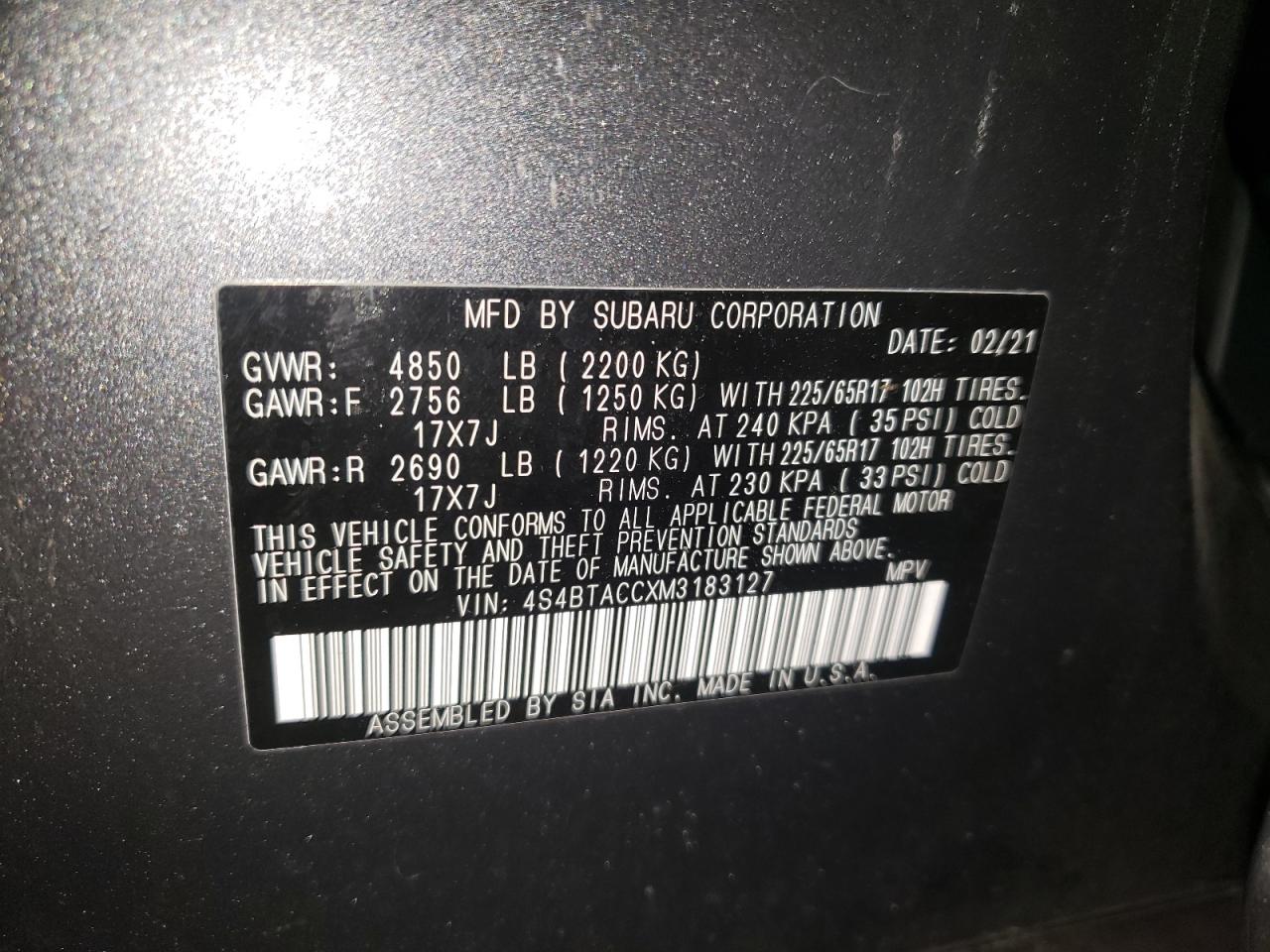 Photo 10 from auction – 2021 SUBARU OUTBACK PR with VIN 4S4BTACCXM3183127