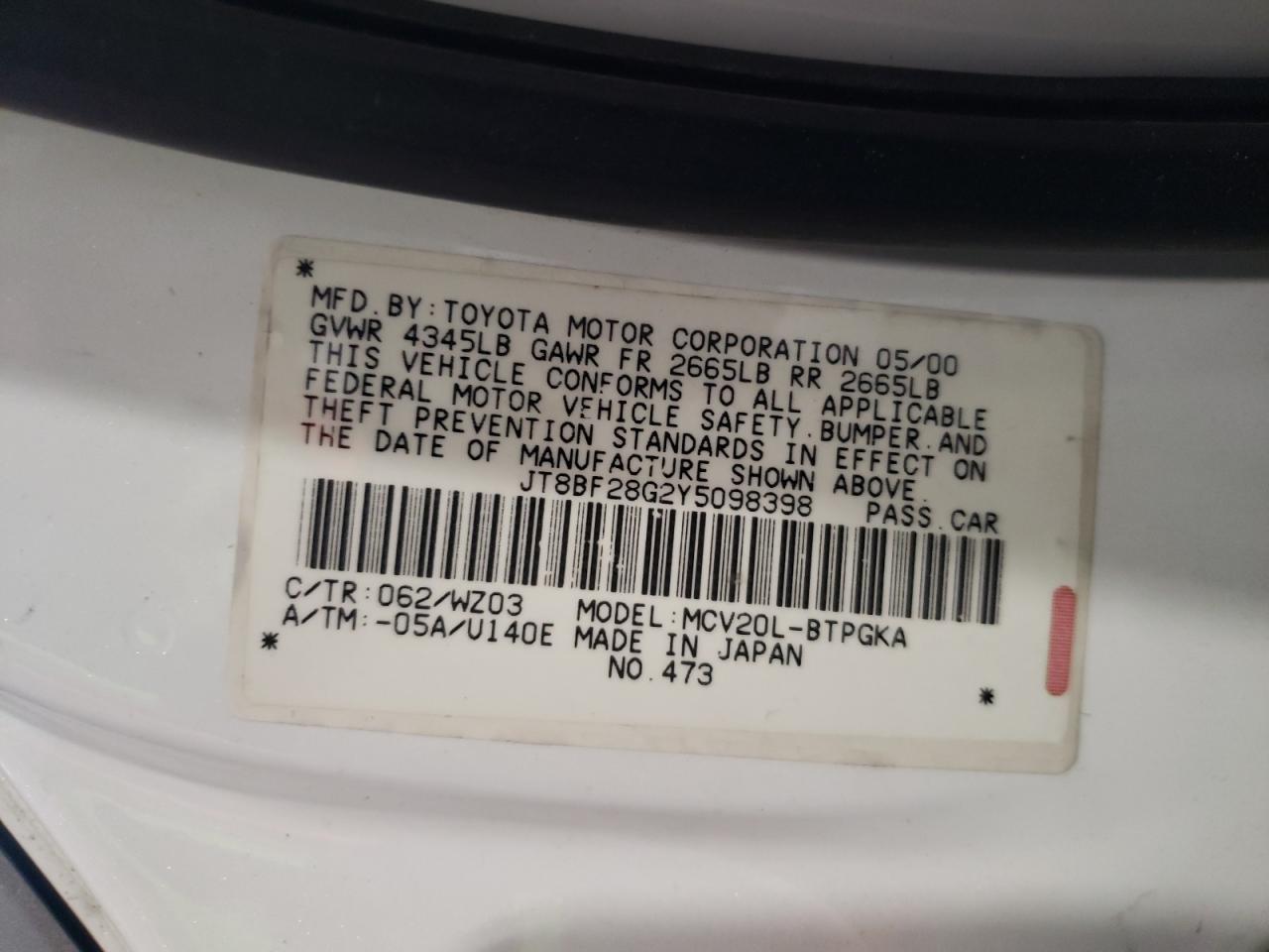 Photo 10 from auction – 2000 LEXUS ES 300 with VIN JT8BF28G2Y5098398