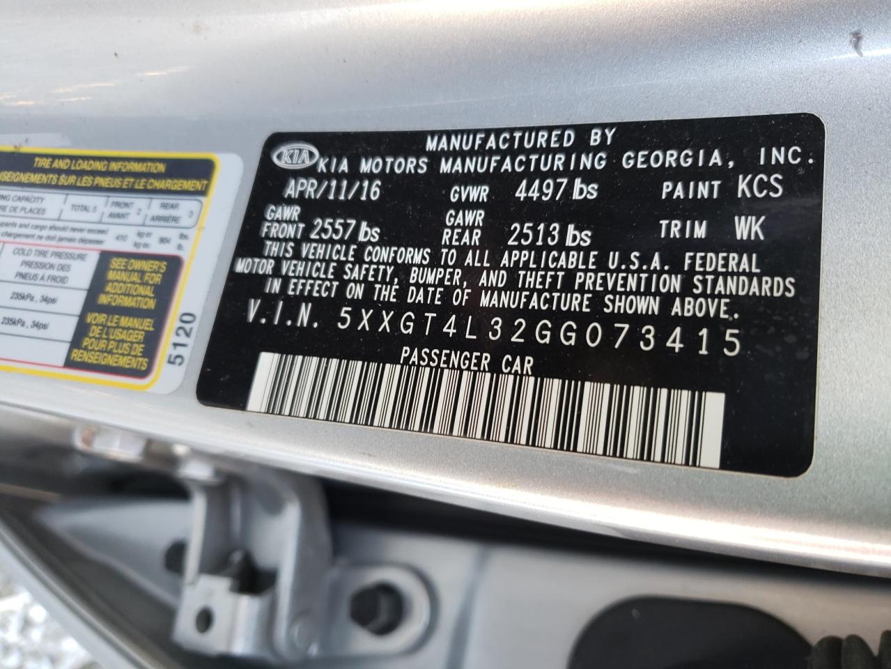 Photo 10 from auction – 2016 KIA OPTIMA LX with VIN 5XXGT4L32GG073415