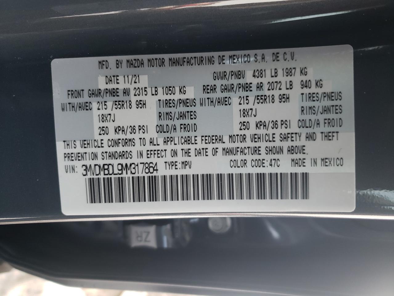 Photo 10 from auction – 2021 MAZDA CX-30 PREM with VIN 3MVDMBDL9MM317864