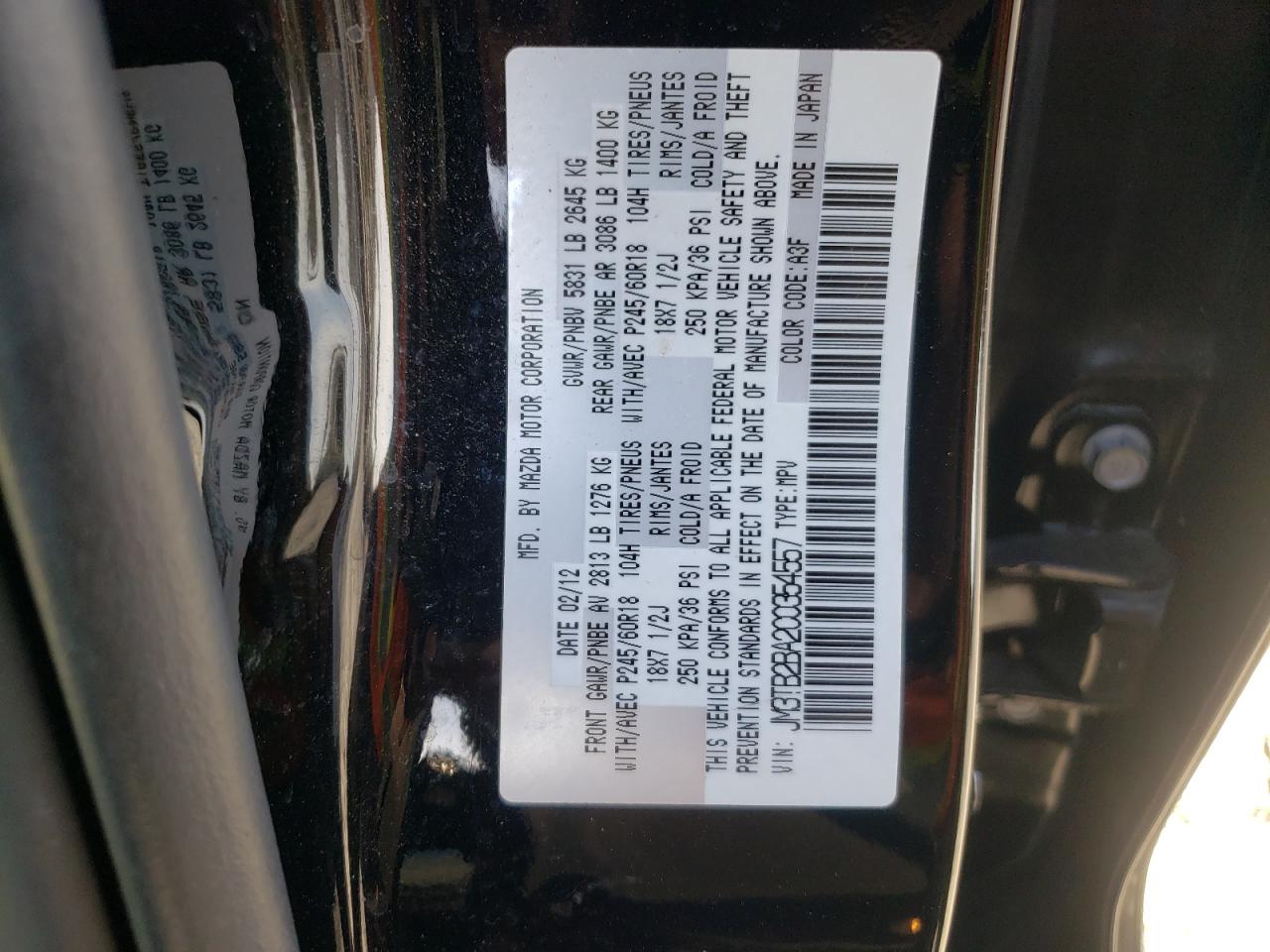 Photo 10 from auction – 2012 MAZDA CX-9 with VIN JM3TB2BA2C0354557