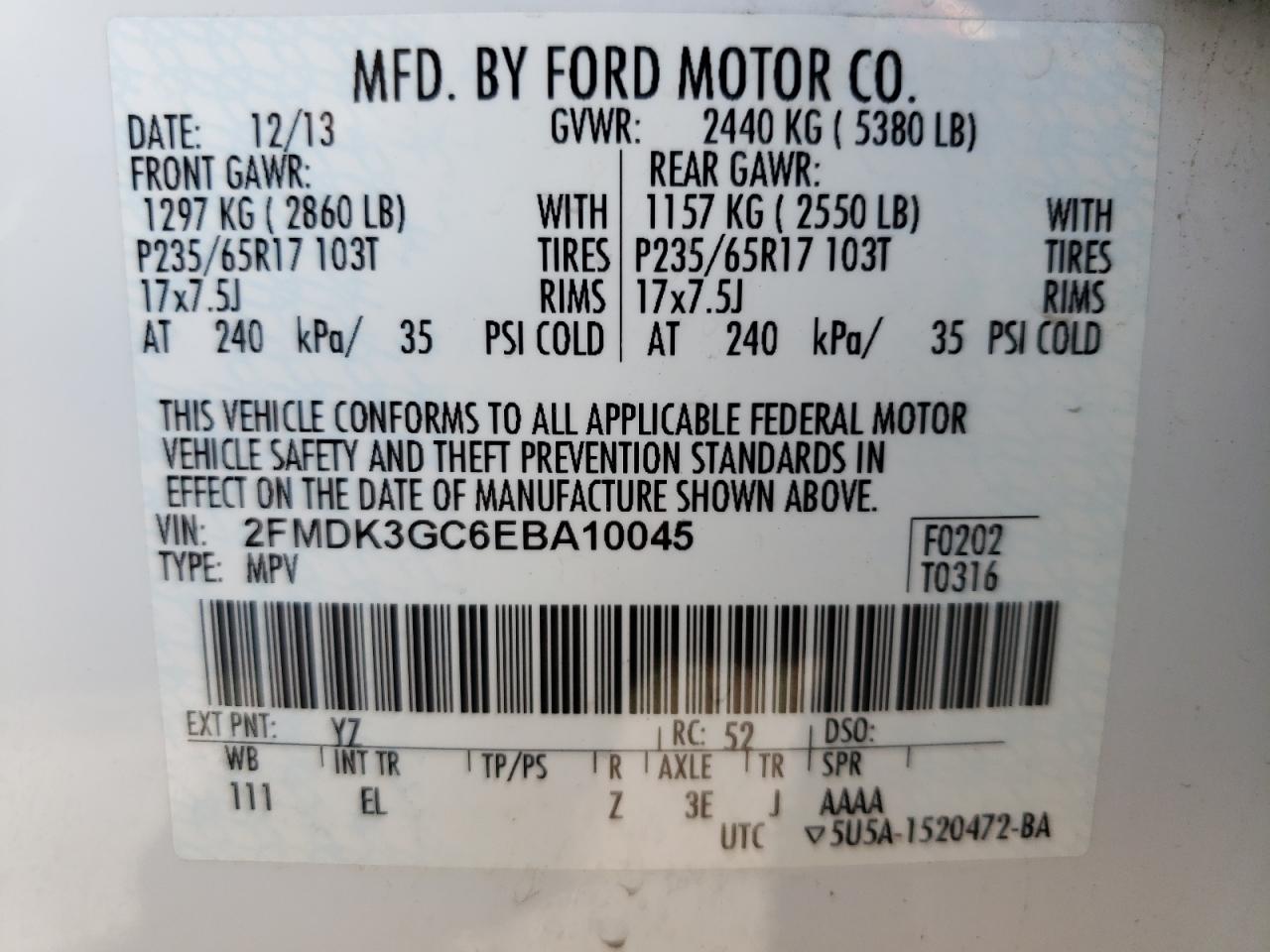 Photo 10 from auction – 2014 FORD EDGE SE with VIN 2FMDK3GC6EBA10045