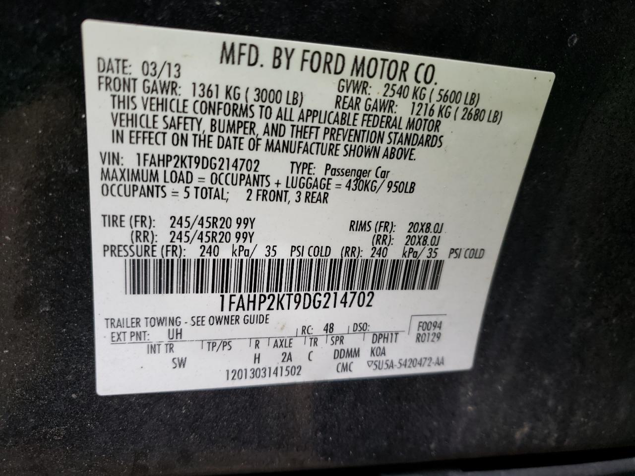 Photo 10 from auction – 2013 FORD TAURUS SHO with VIN 1FAHP2KT9DG214702