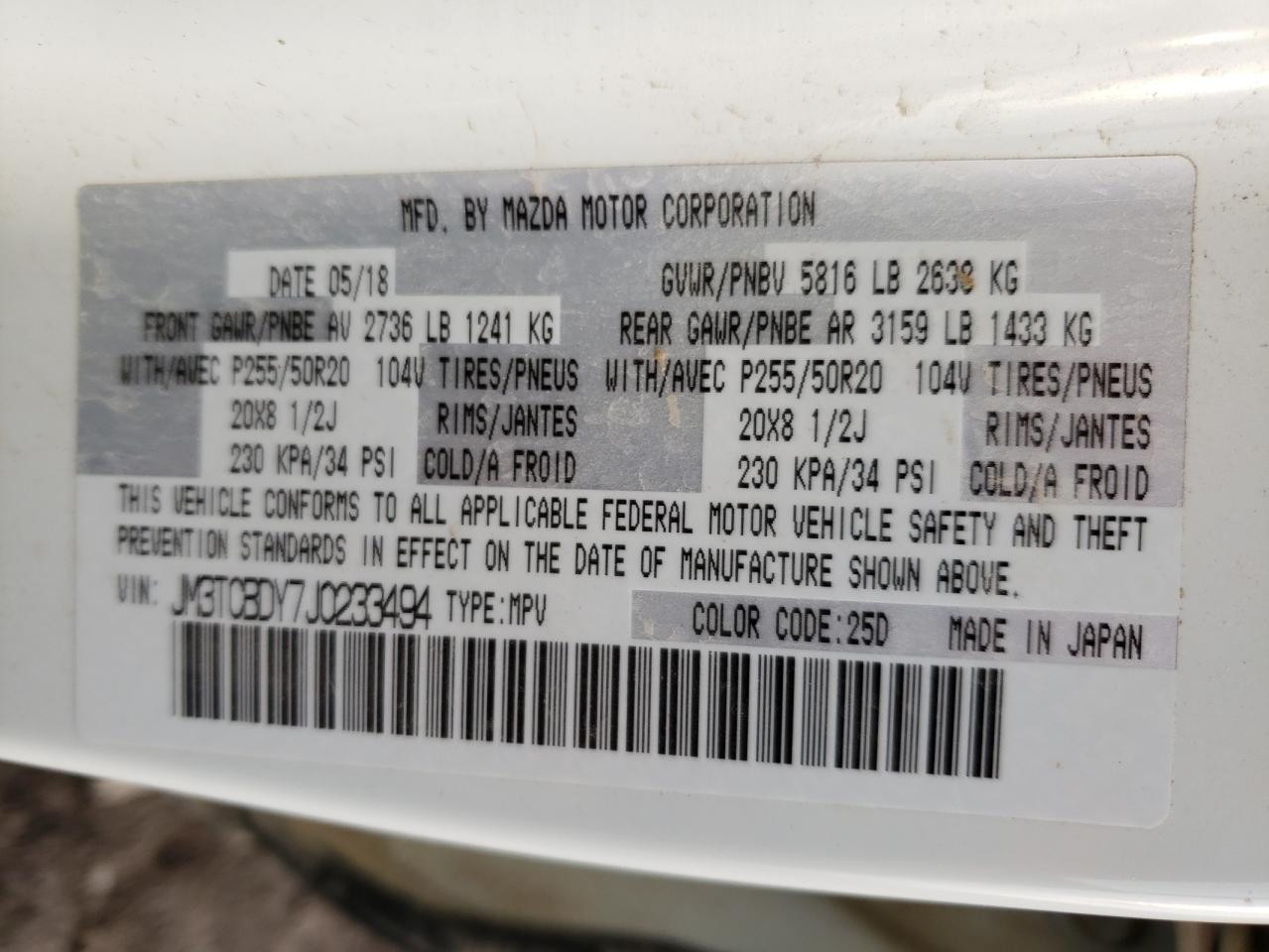 Photo 10 from auction – 2018 MAZDA CX-9 GRAND with VIN JM3TCBDY7J0233494