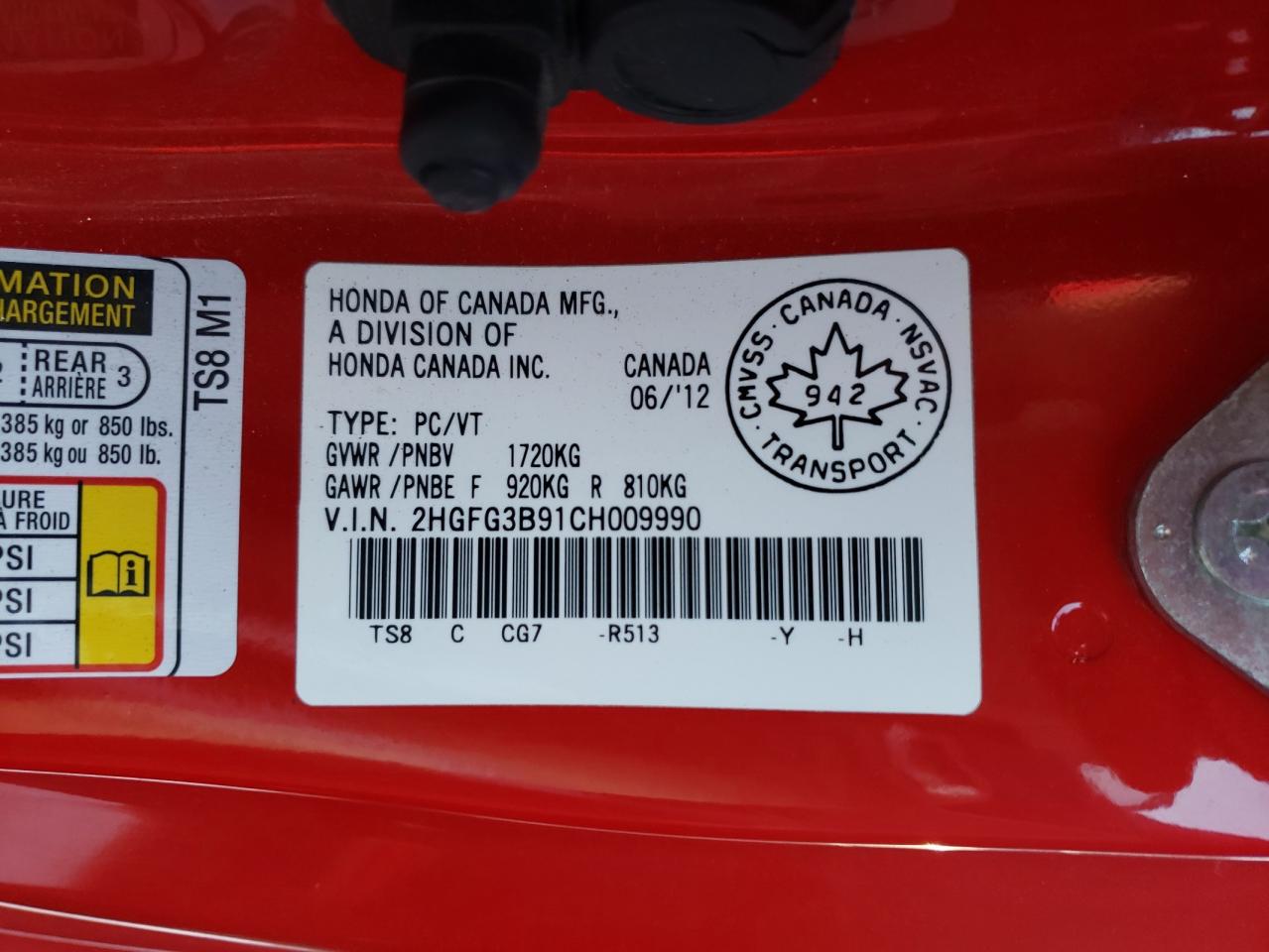 Photo 10 from auction – 2012 HONDA CIVIC EXL with VIN 2HGFG3B91CH009990