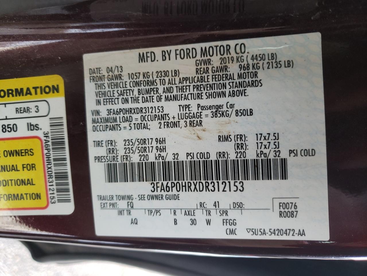 Photo 10 from auction – 2013 FORD FUSION SE with VIN 3FA6P0HRXDR312153