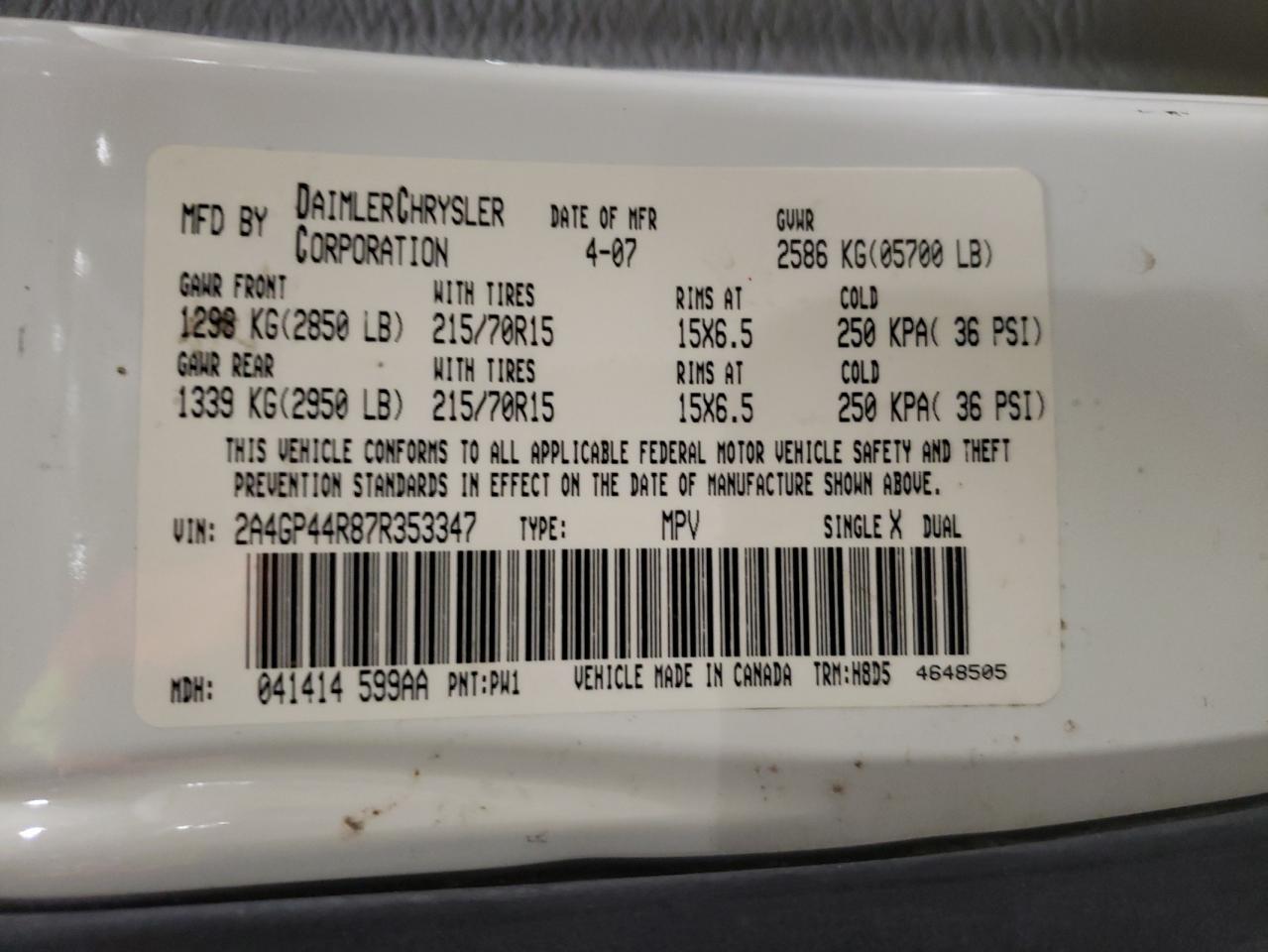 Photo 10 from auction – 2007 CHRYSLER TOWN & COU with VIN 2A4GP44R87R353347