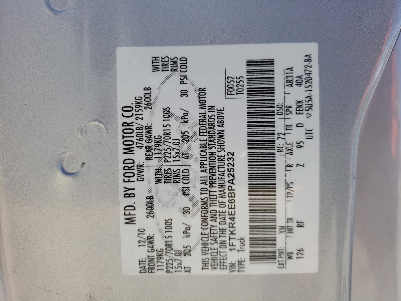 Photo 10 from auction – 2011 FORD RANGER SUP with VIN 1FTKR4EE6BPA25232