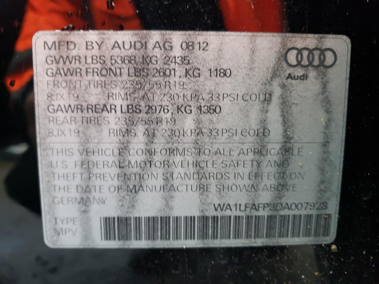 Photo 10 from auction – 2013 AUDI Q5 PREMIUM with VIN WA1LFAFP3DA007928