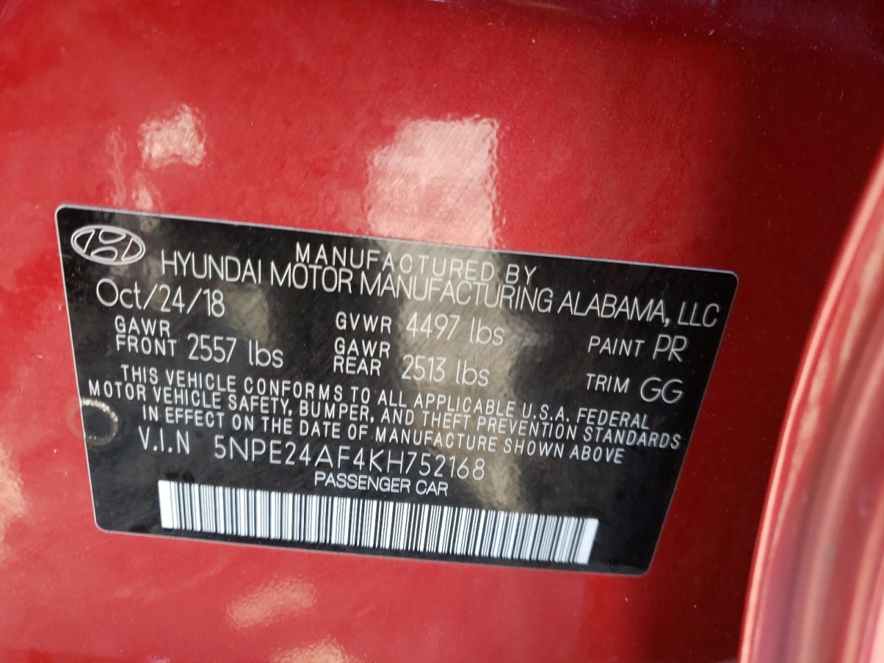 Photo 10 from auction – 2019 HYUNDAI SONATA SE with VIN 5NPE24AF4KH752168