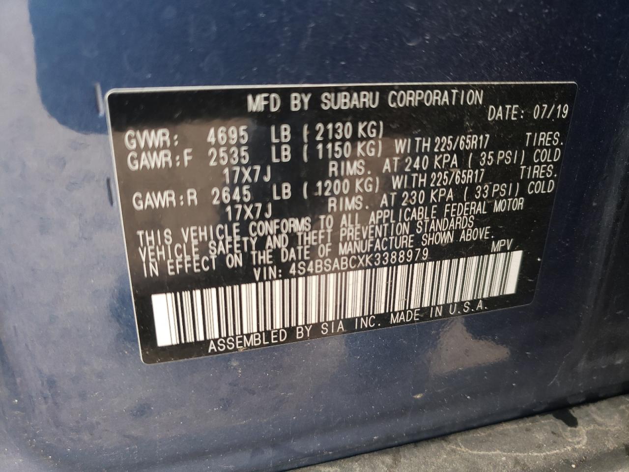 Photo 10 from auction – 2019 SUBARU OUTBACK 2. with VIN 4S4BSABCXK3388979