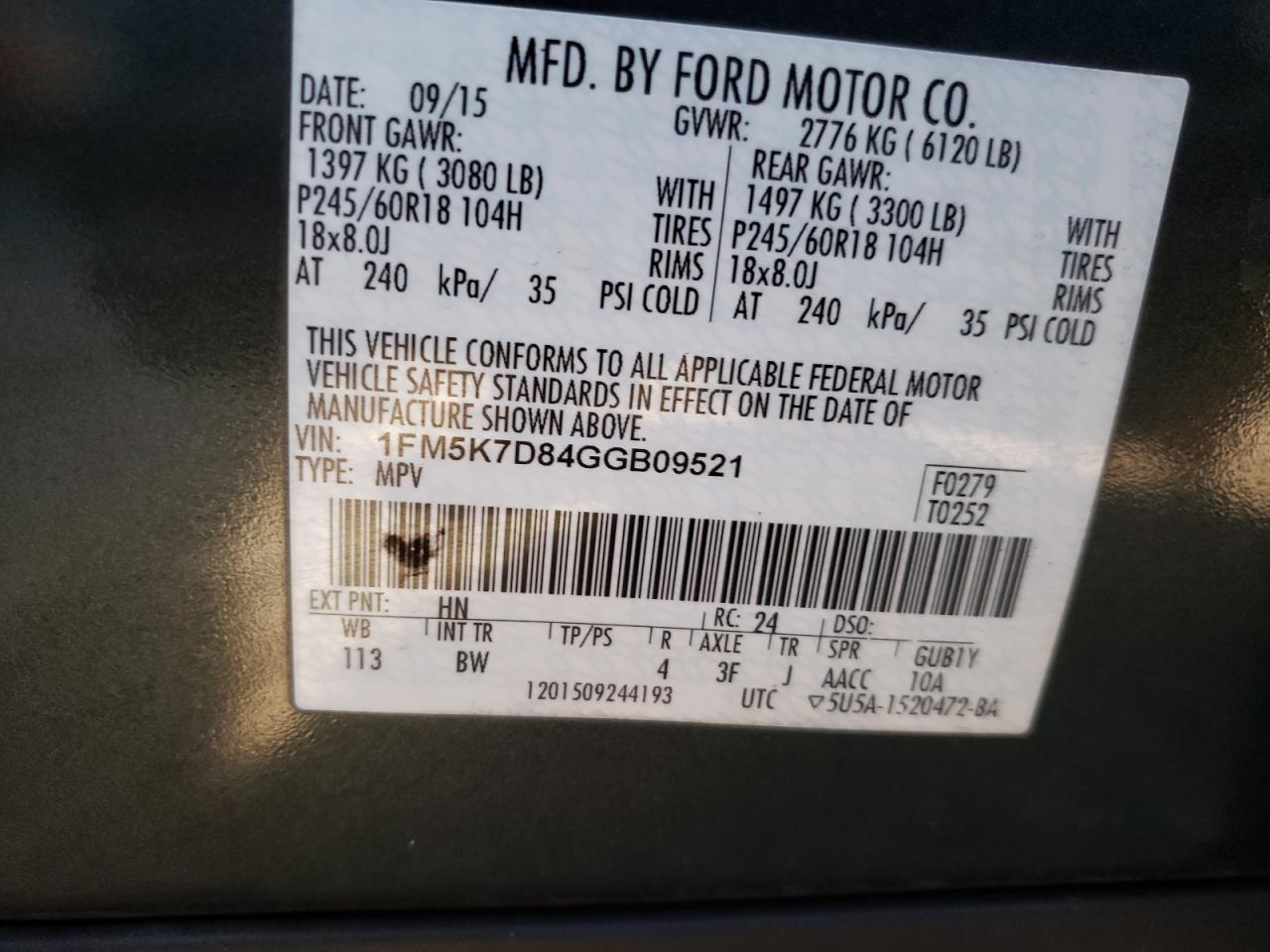 Photo 10 from auction – 2016 FORD EXPLORER X with VIN 1FM5K7D84GGB09521