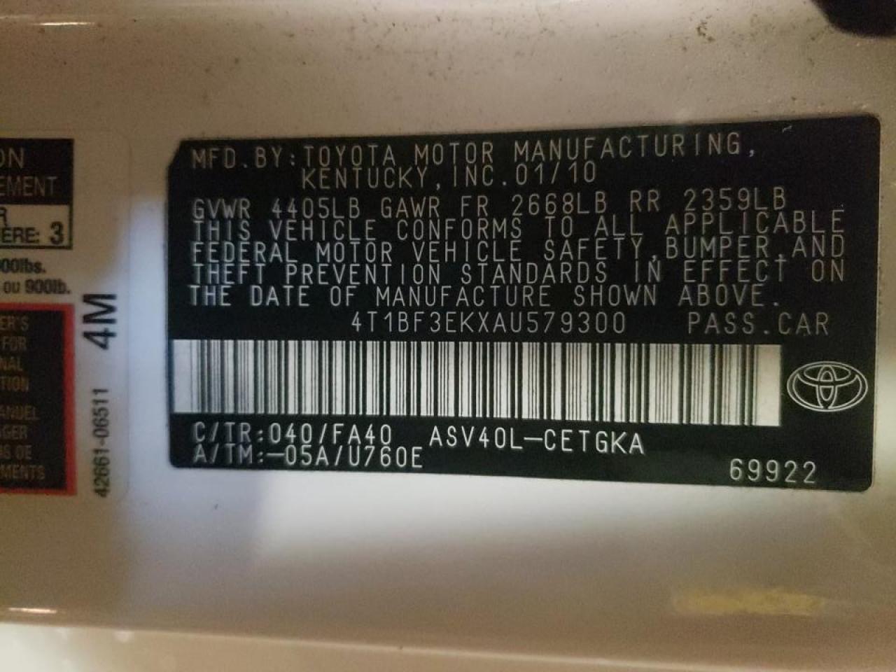Photo 10 from auction – 2010 TOYOTA CAMRY BASE with VIN 4T1BF3EKXAU579300