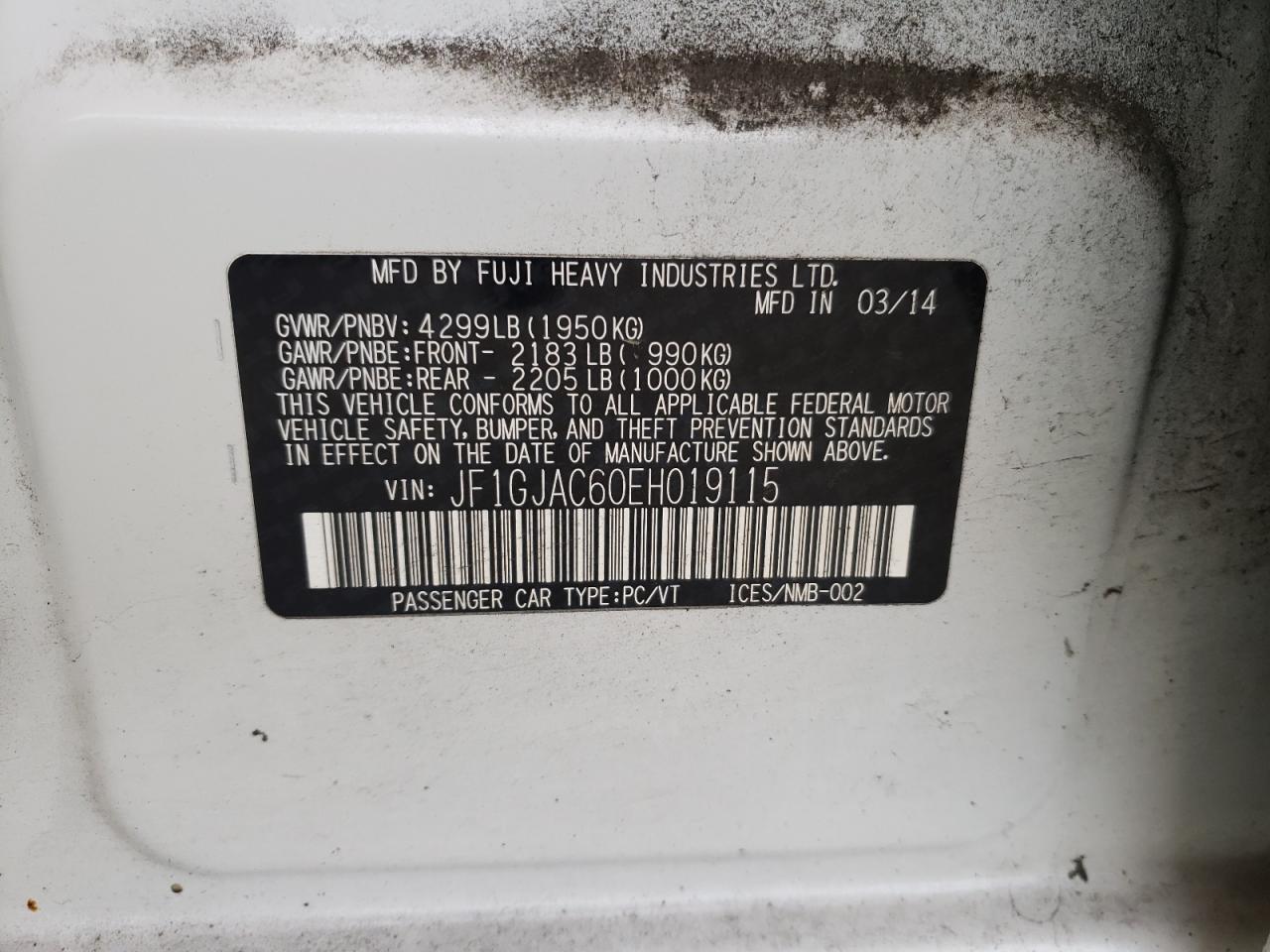 Photo 10 from auction – 2014 SUBARU IMPREZA PR with VIN JF1GJAC60EH019115