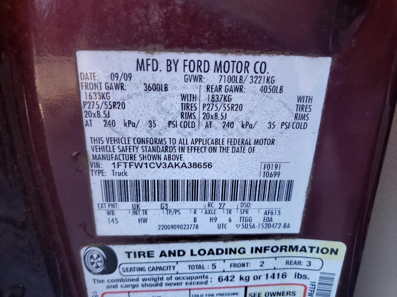Photo 10 from auction – 2010 FORD F150 SUPER with VIN 1FTFW1CV3AKA38656