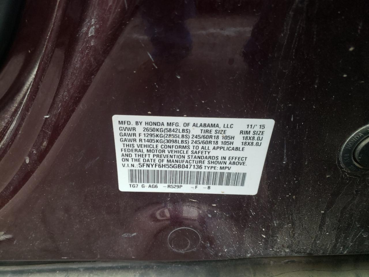 Photo 10 from auction – 2016 HONDA PILOT EXL with VIN 5FNYF6H55GB047136