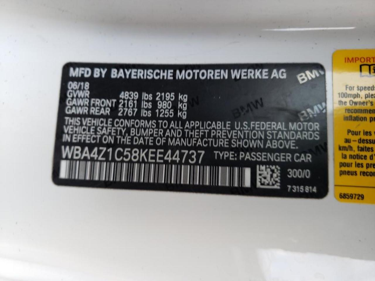 Photo 10 from auction – 2019 BMW 430I with VIN WBA4Z1C58KEE44737