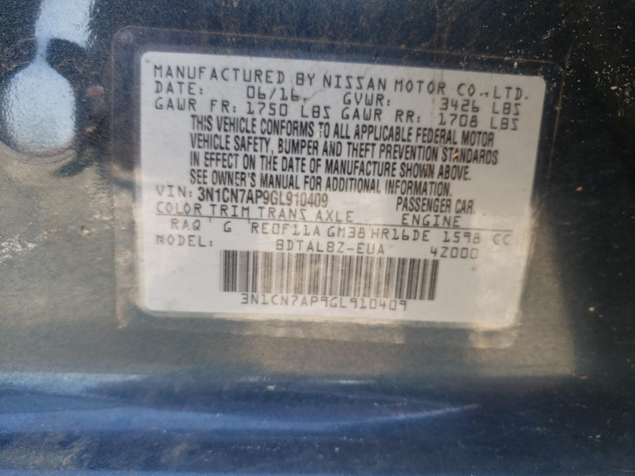 Photo 10 from auction – 2016 NISSAN VERSA S with VIN 3N1CN7AP9GL910409