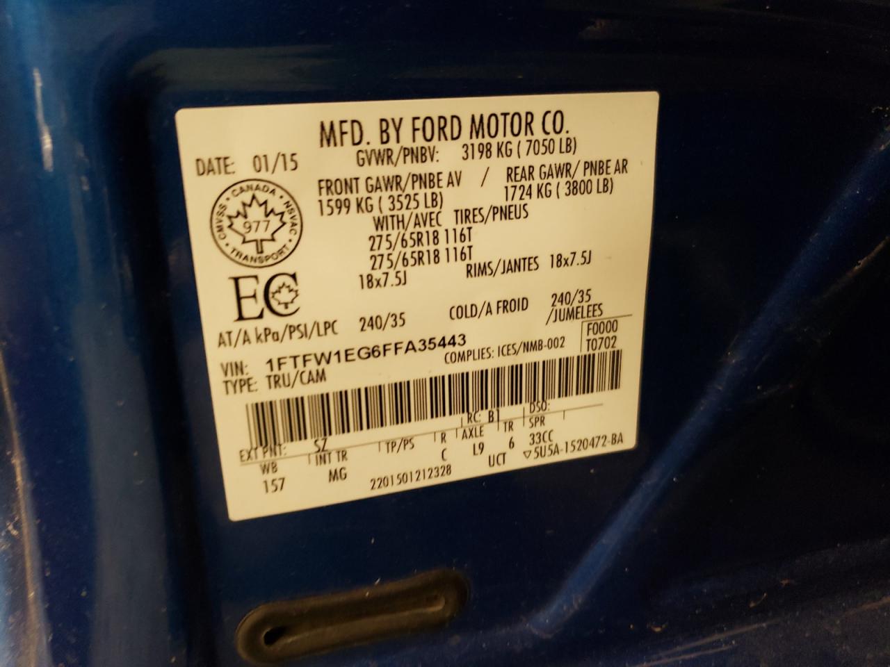 Photo 10 from auction – 2015 FORD F150 SUPER with VIN 1FTFW1EG6FFA35443