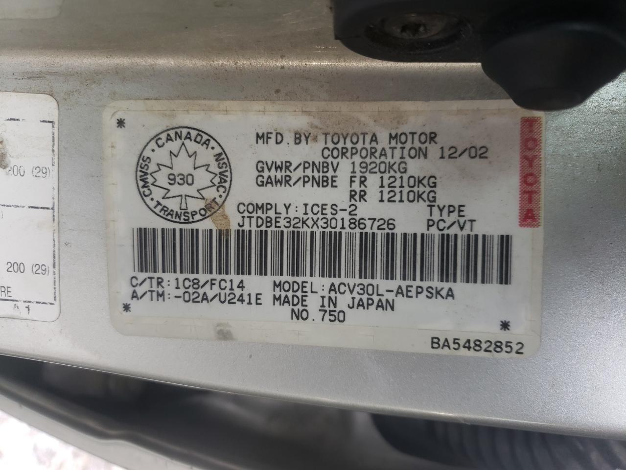 Photo 10 from auction – 2003 TOYOTA CAMRY LE with VIN JTDBE32KX30186726