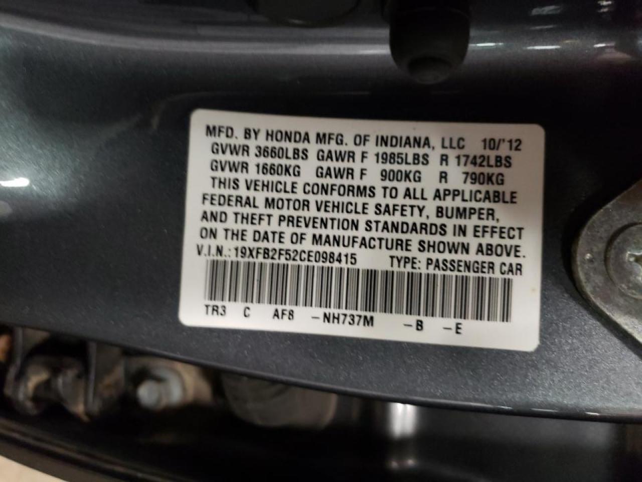 Photo 10 from auction – 2012 HONDA CIVIC with VIN 19XFB2F52CE098415