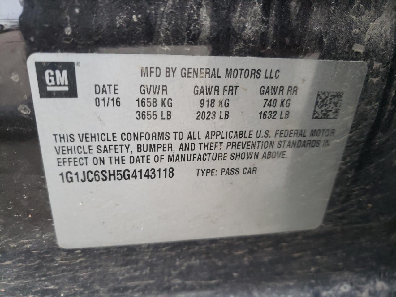 Photo 10 from auction – 2016 CHEVROLET SONIC LT with VIN 1G1JC6SH5G4143118