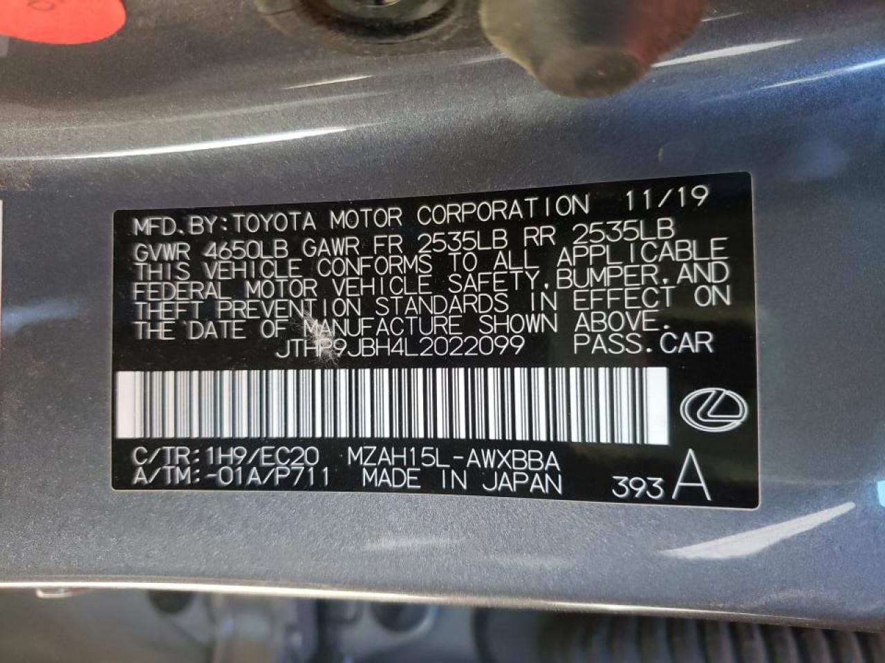 Photo 10 from auction – 2020 LEXUS UX 250H with VIN JTHP9JBH4L2022099