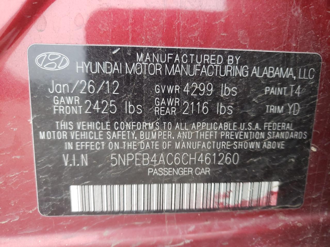 Photo 10 from auction – 2012 HYUNDAI SONATA GLS with VIN 5NPEB4AC6CH461260