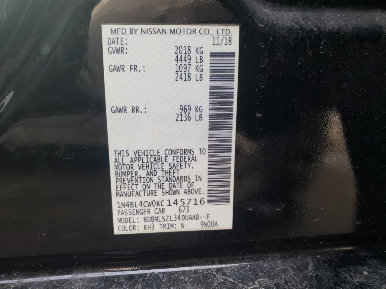 Photo 10 from auction – 2019 NISSAN ALTIMA SR with VIN 1N4BL4CW0KC145716