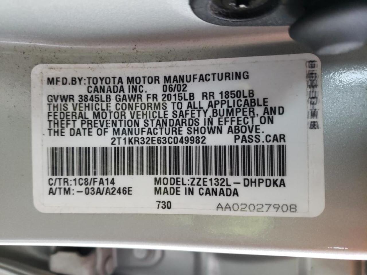 Photo 10 from auction – 2003 TOYOTA COROLLA MA with VIN 2T1KR32E63C049982