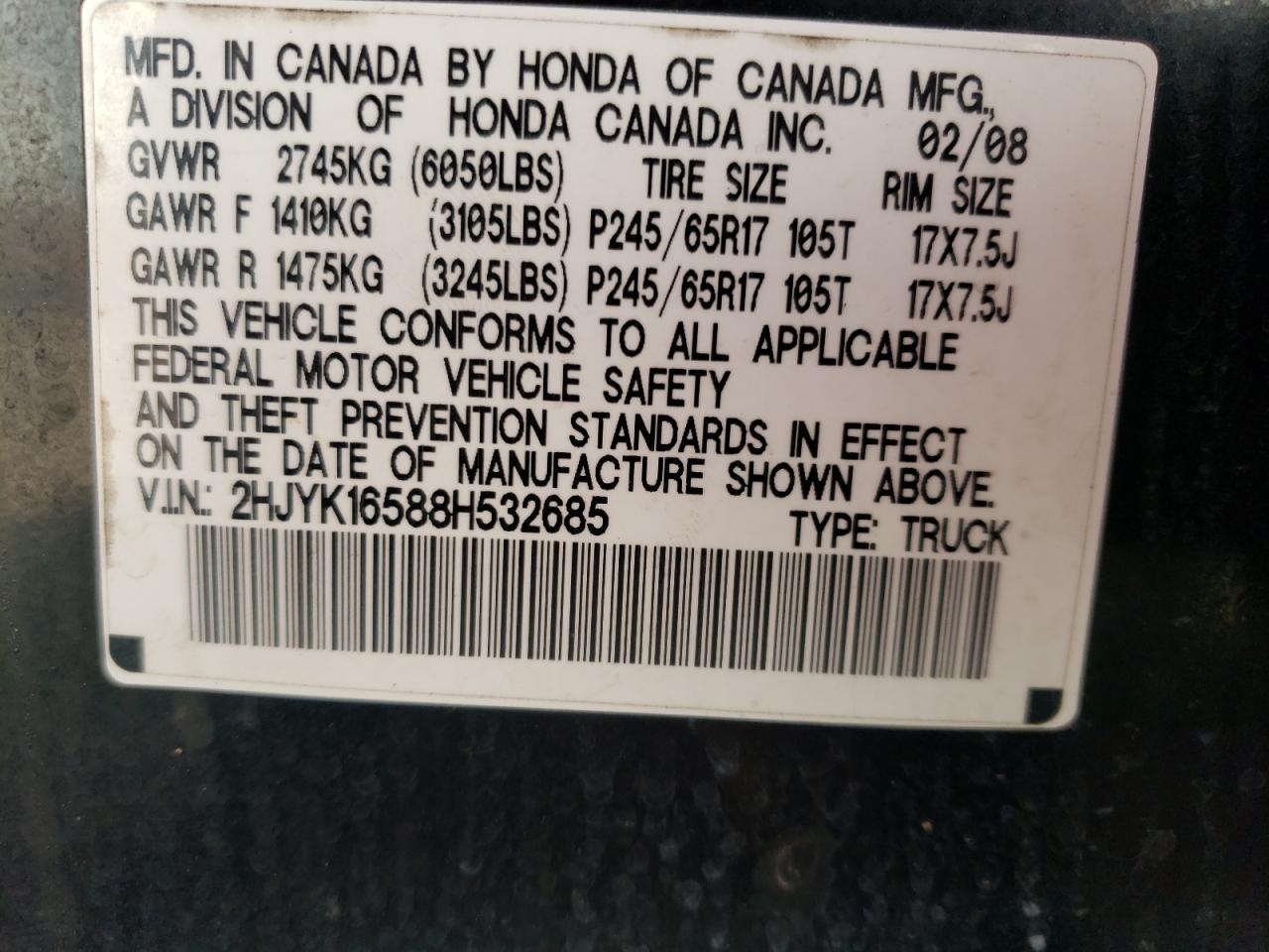 Photo 10 from auction – 2008 HONDA RIDGELINE with VIN 2HJYK16588H532685