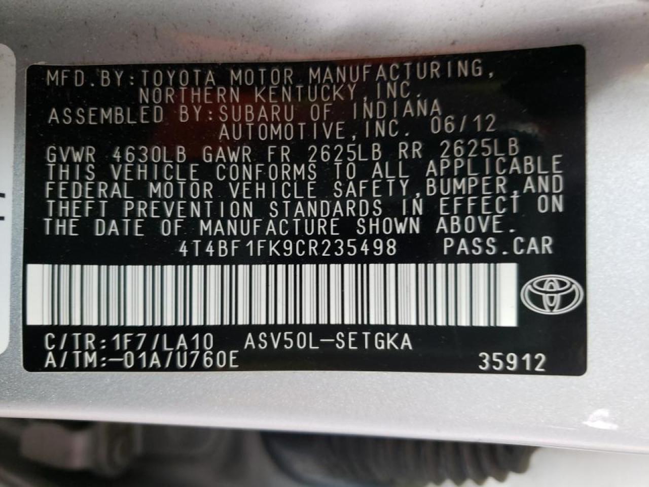 Photo 10 from auction – 2012 TOYOTA CAMRY BASE with VIN 4T4BF1FK9CR235498