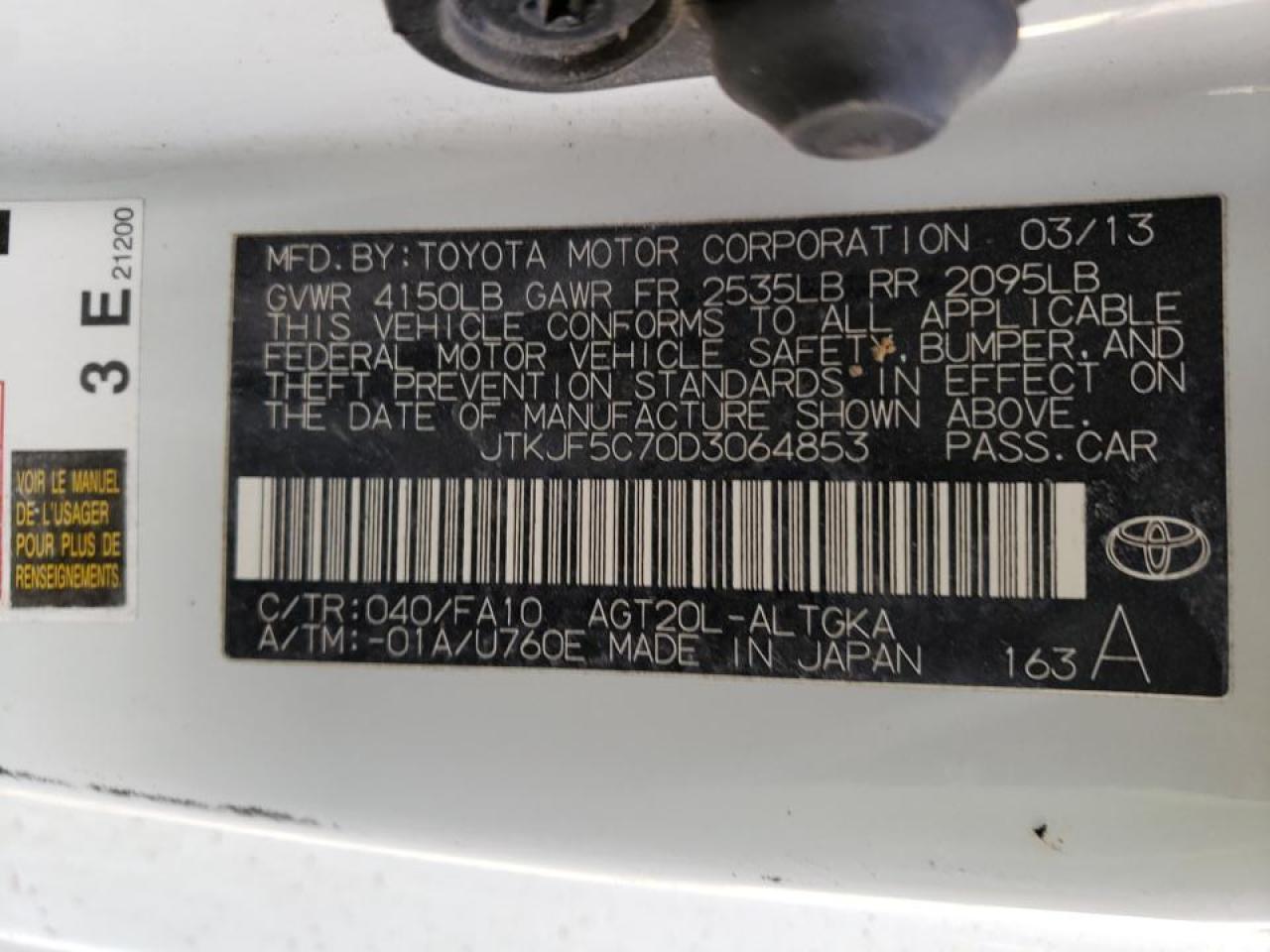 Photo 10 from auction – 2013 TOYOTA SCION TC with VIN JTKJF5C70D3064853