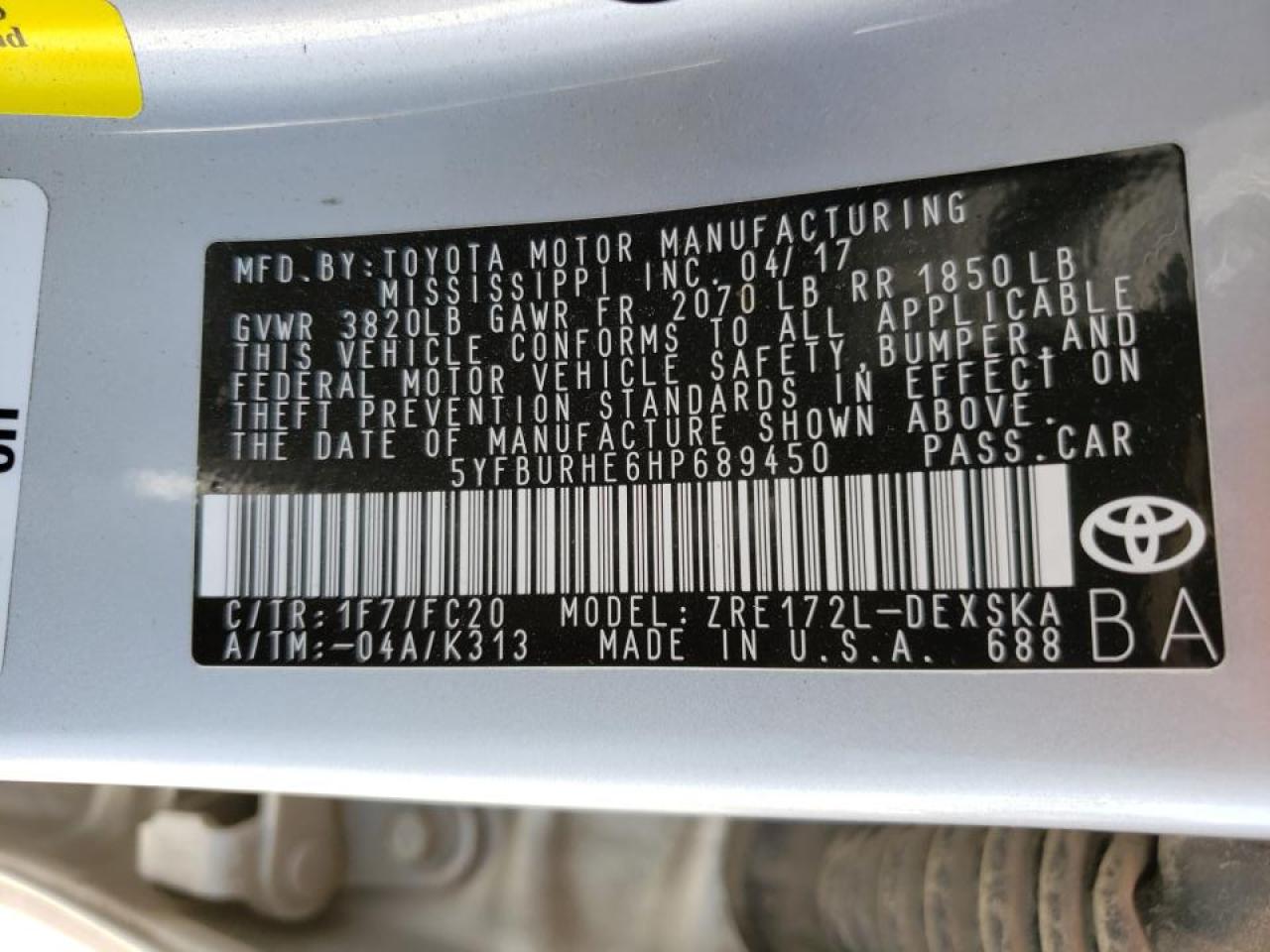 Photo 10 from auction – 2017 TOYOTA COROLLA L with VIN 5YFBURHE6HP689450