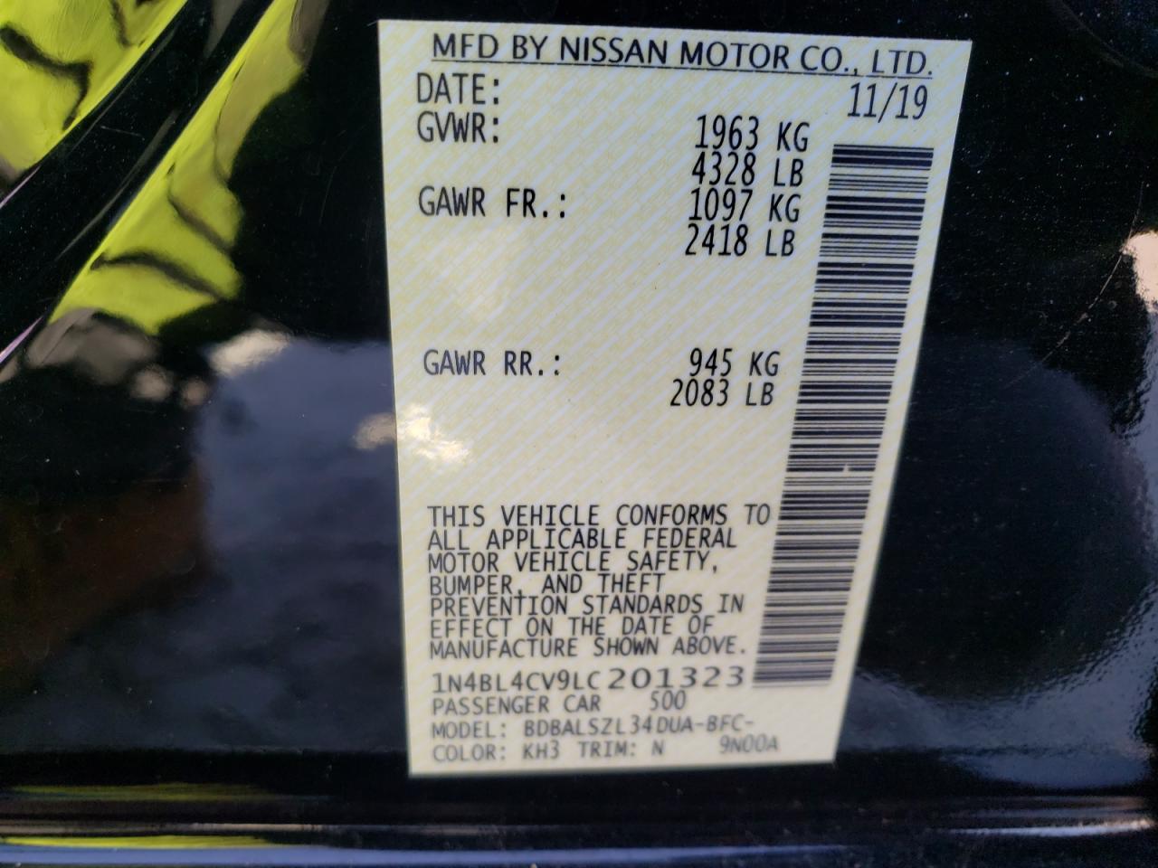 Photo 10 from auction – 2020 NISSAN ALTIMA SR with VIN 1N4BL4CV9LC201323