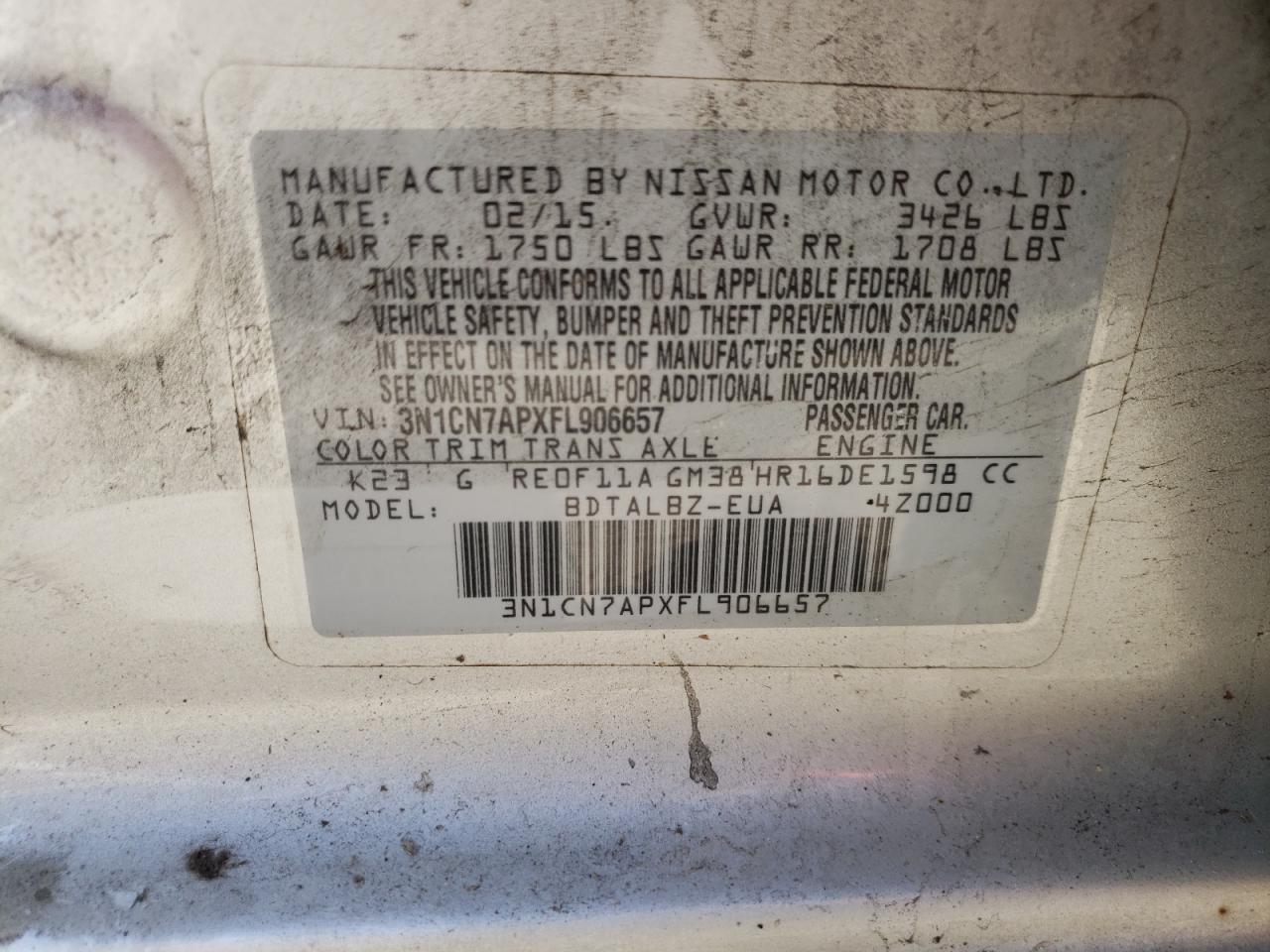 Photo 10 from auction – 2015 NISSAN VERSA with VIN 3N1CN7APXFL906657