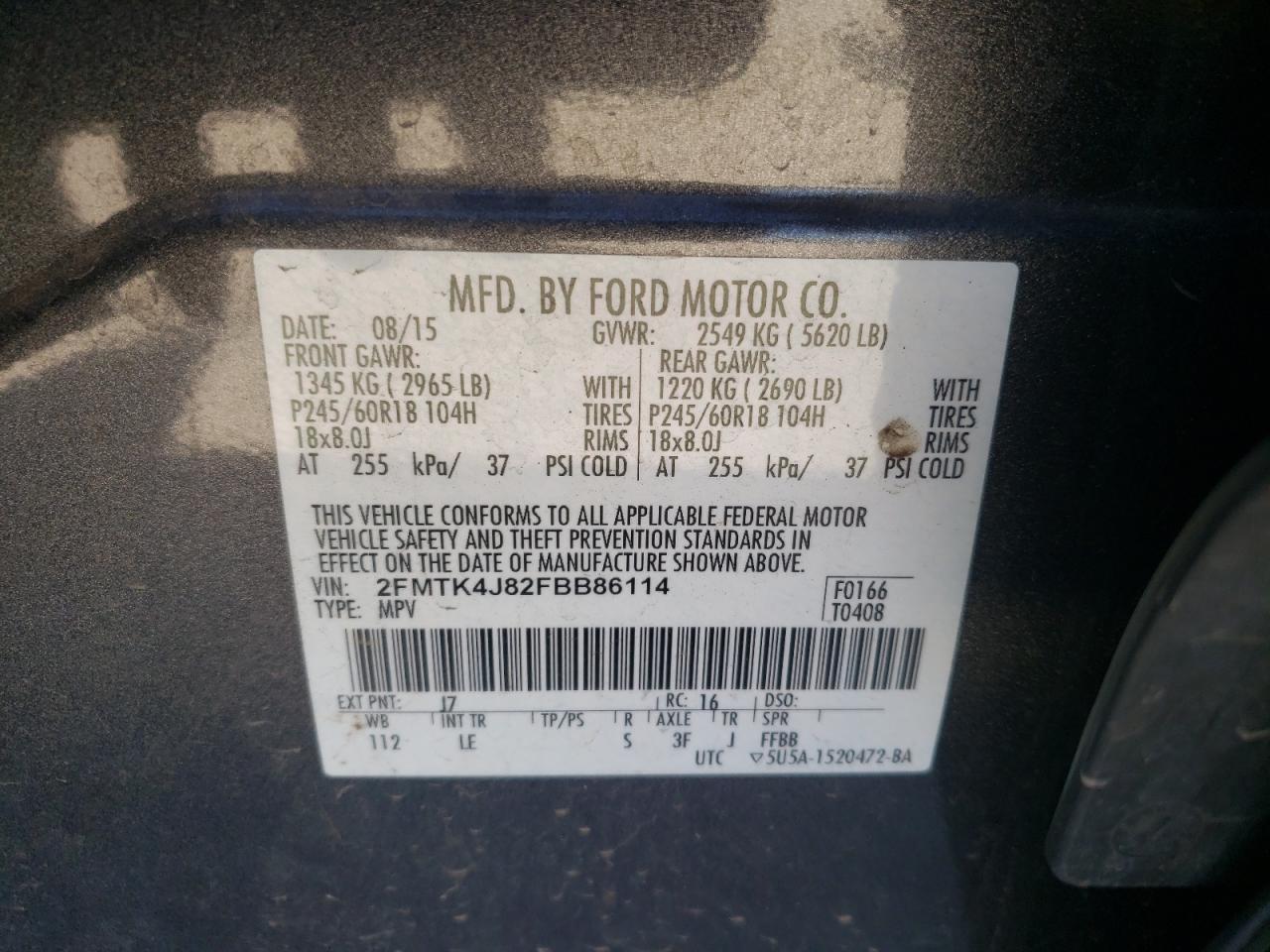Photo 10 from auction – 2015 FORD EDGE SEL with VIN 2FMTK4J82FBB86114