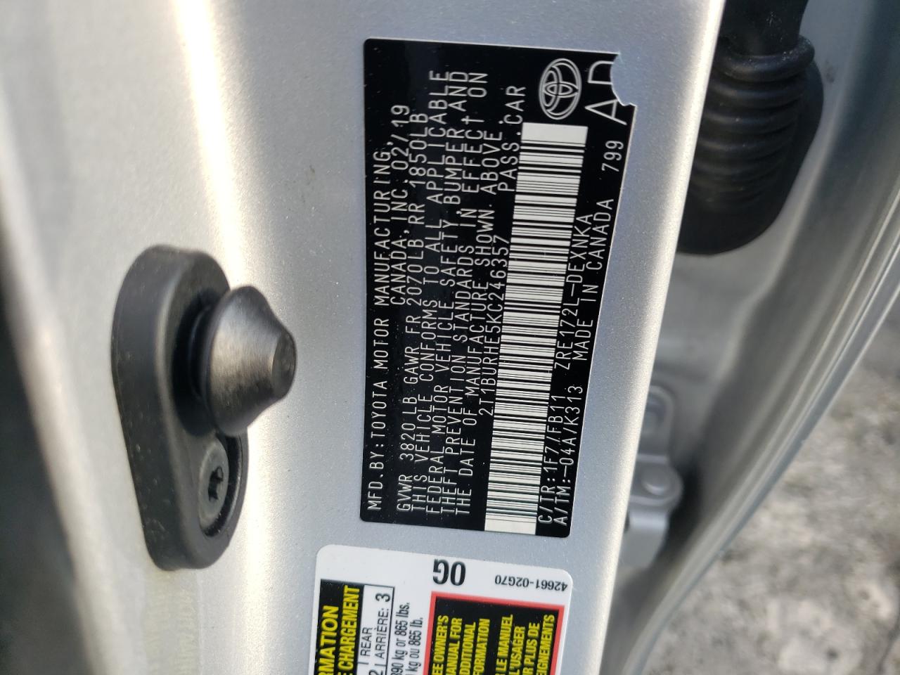Photo 10 from auction – 2019 TOYOTA COROLLA L with VIN 2T1BURHE5KC246357