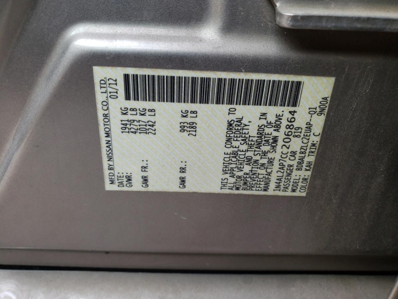 Photo 10 from auction – 2012 NISSAN ALTIMA BAS with VIN 1N4AL2AP7CC206864